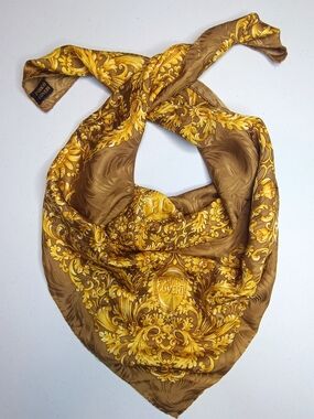Vintage ENRICO COVERI Made in Italy 100% Silk Scarf Caramel Brown Gold Baroque